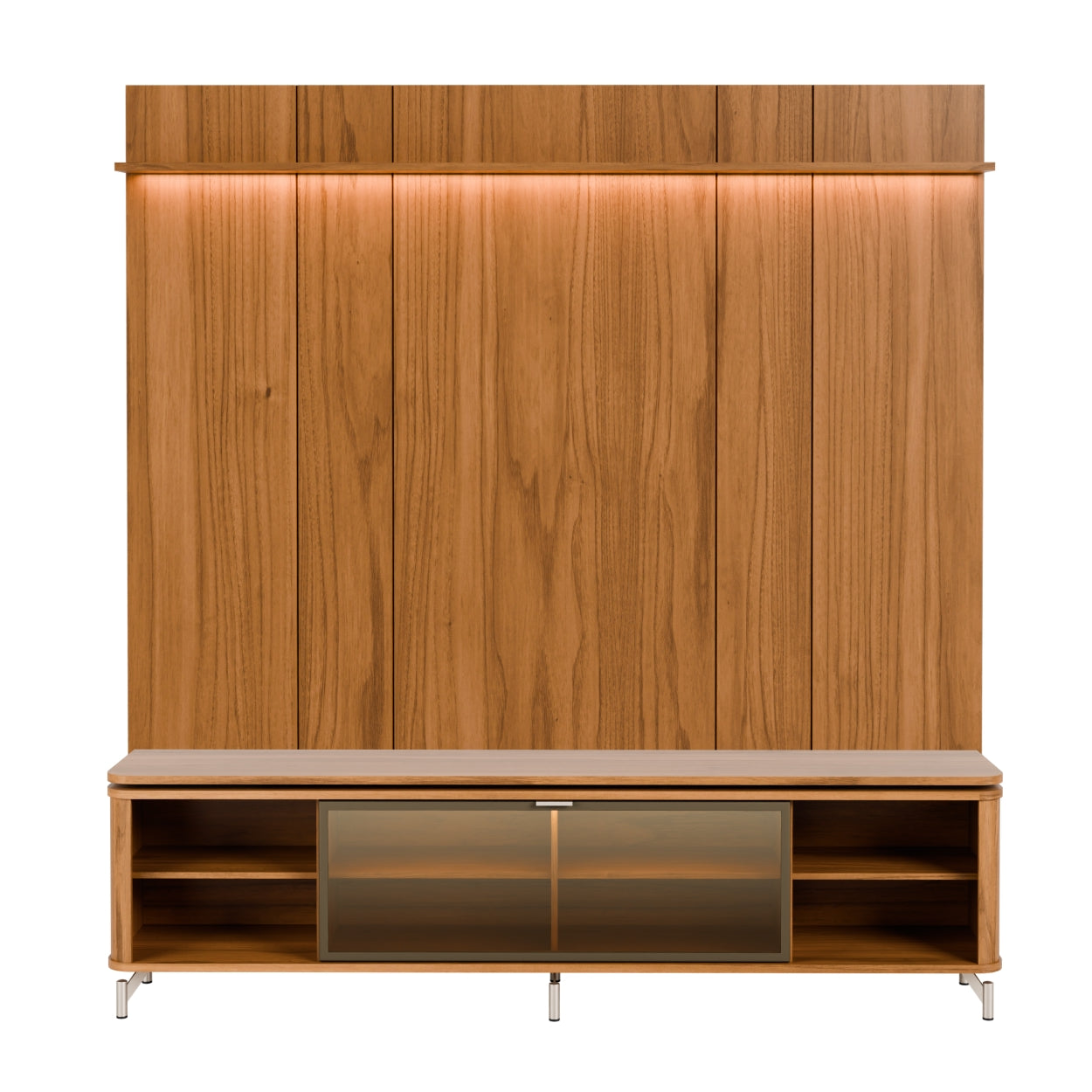 Rack com Painel para TV até 85" 1 Prateleira 1 Porta Vidro Reflecta e LED Lincoln Float 215cm - Canella c/ Champanhe