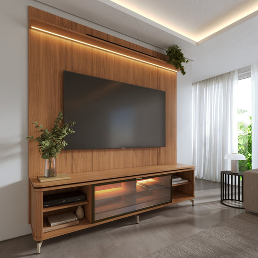 Rack com Painel para TV até 85" 1 Prateleira 1 Porta Vidro Reflecta e LED Lincoln Float 215cm - Canella c/ Champanhe