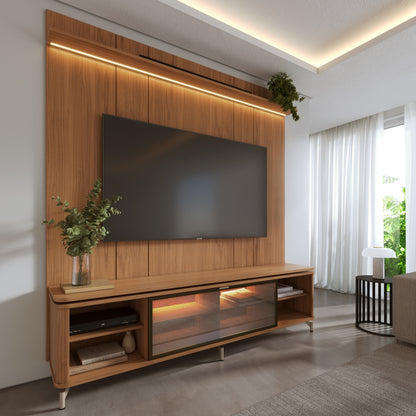 Rack com Painel para TV até 85" 1 Prateleira 1 Porta Vidro Reflecta e LED Lincoln Float 215cm - Canella c/ Champanhe