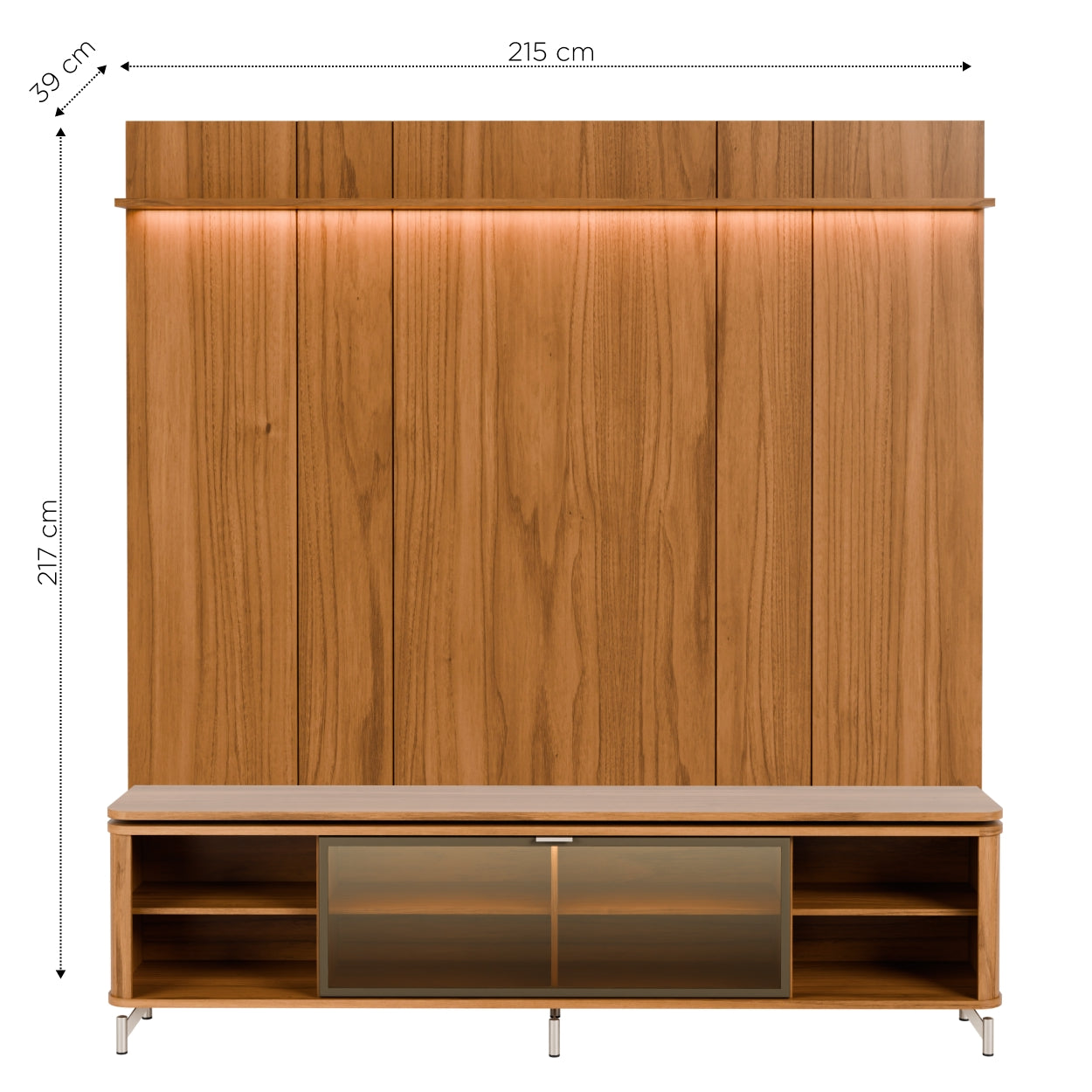 Rack com Painel para TV até 85" 1 Prateleira 1 Porta Vidro Reflecta e LED Lincoln Float 215cm - Canella c/ Champanhe