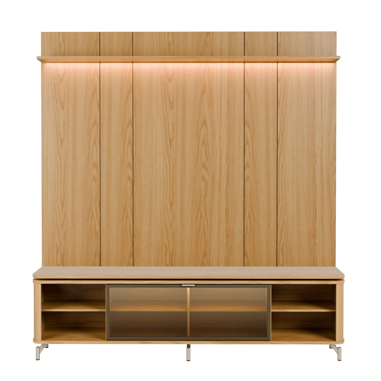 Rack com Painel para TV até 85" 1 Prateleira 1 Porta Vidro Reflecta e LED Lincoln Float 215cm – Carvalho c/ Champanhe