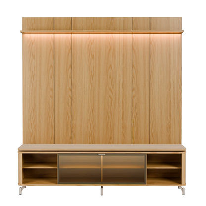 Rack com Painel para TV até 85" 1 Prateleira 1 Porta Vidro Reflecta e LED Lincoln Float 215cm – Carvalho c/ Champanhe