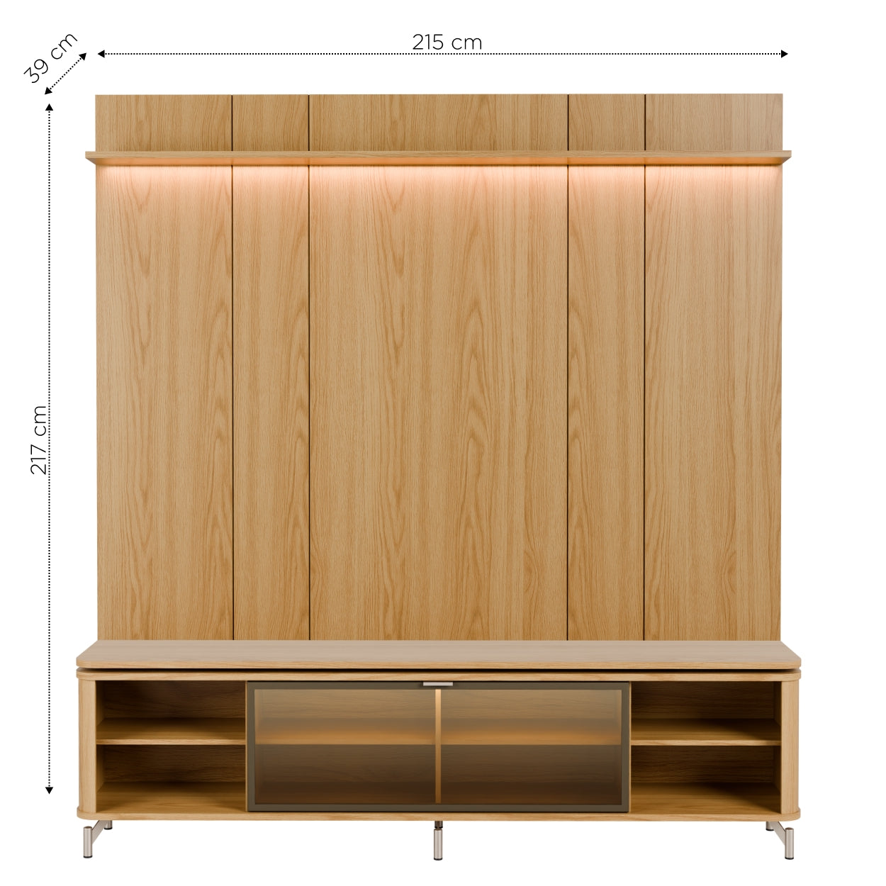 Rack com Painel para TV até 85" 1 Prateleira 1 Porta Vidro Reflecta e LED Lincoln Float 215cm – Carvalho c/ Champanhe
