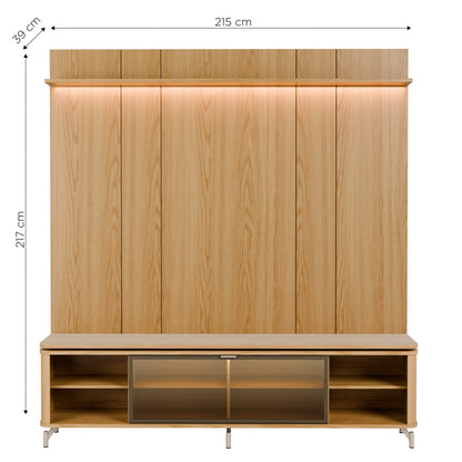 Rack com Painel para TV até 85" 1 Prateleira 1 Porta Vidro Reflecta e LED Lincoln Float 215cm – Carvalho c/ Champanhe