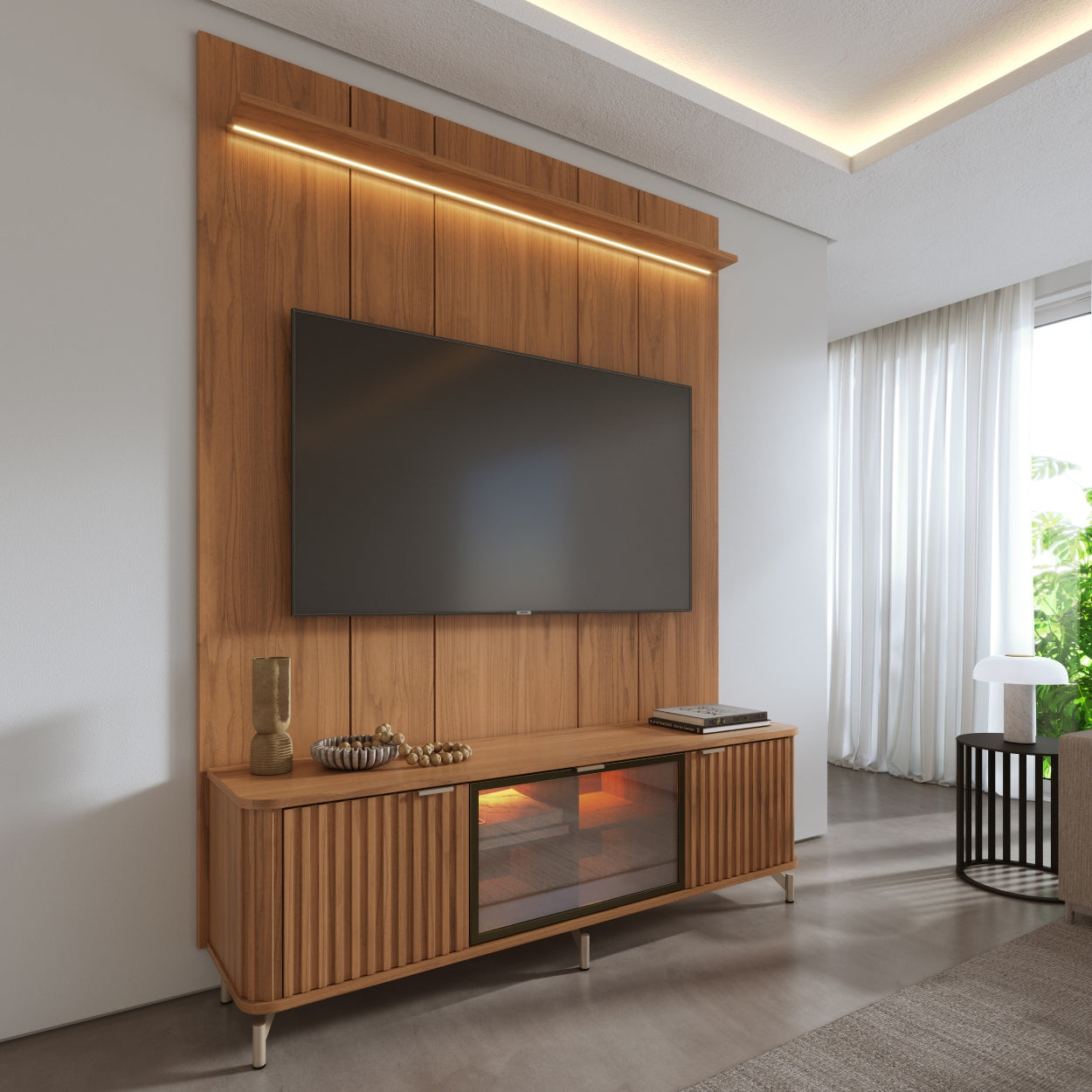 Rack com Painel para TV até 85" 1 Prateleira 1 Porta Vidro Reflecta e LED Neon Float 178cm - Canella c/ Champanhe