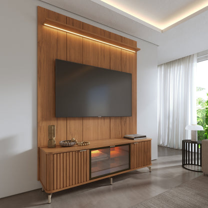 Rack com Painel para TV até 85" 1 Prateleira 1 Porta Vidro Reflecta e LED Neon Float 178cm - Canella c/ Champanhe