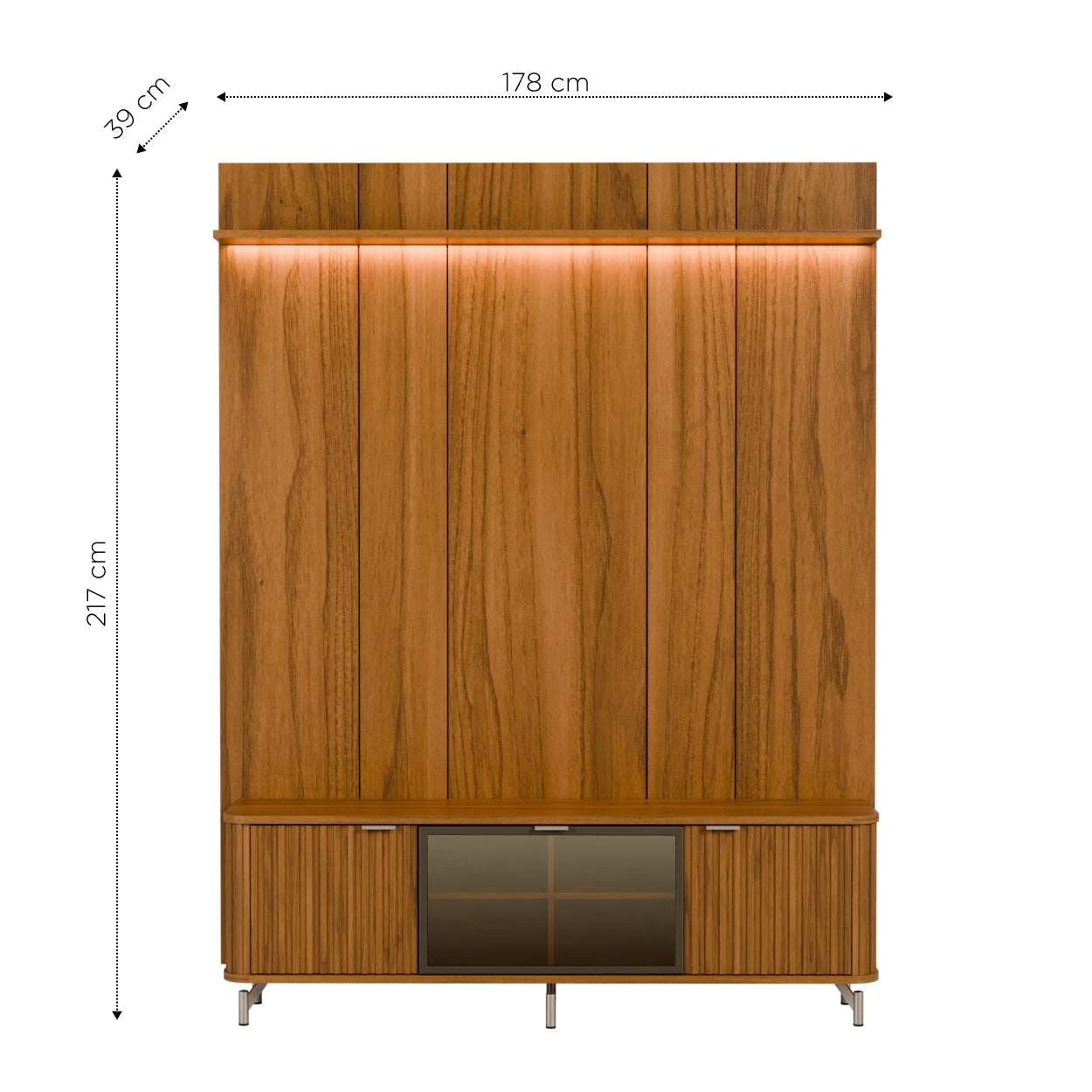 Rack com Painel para TV até 85" 1 Prateleira 1 Porta Vidro Reflecta e LED Neon Float 178cm - Canella c/ Champanhe
