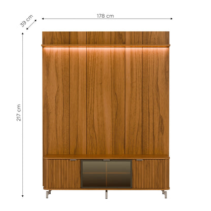 Rack com Painel para TV até 85" 1 Prateleira 1 Porta Vidro Reflecta e LED Neon Float 178cm - Canella c/ Champanhe