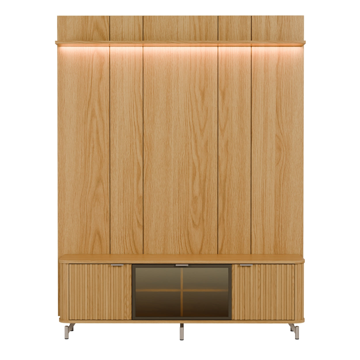 Rack com Painel para TV até 85" 1 Prateleira 1 Porta Vidro Reflecta e LED Neon Float 178cm – Carvalho c/ Champanhe