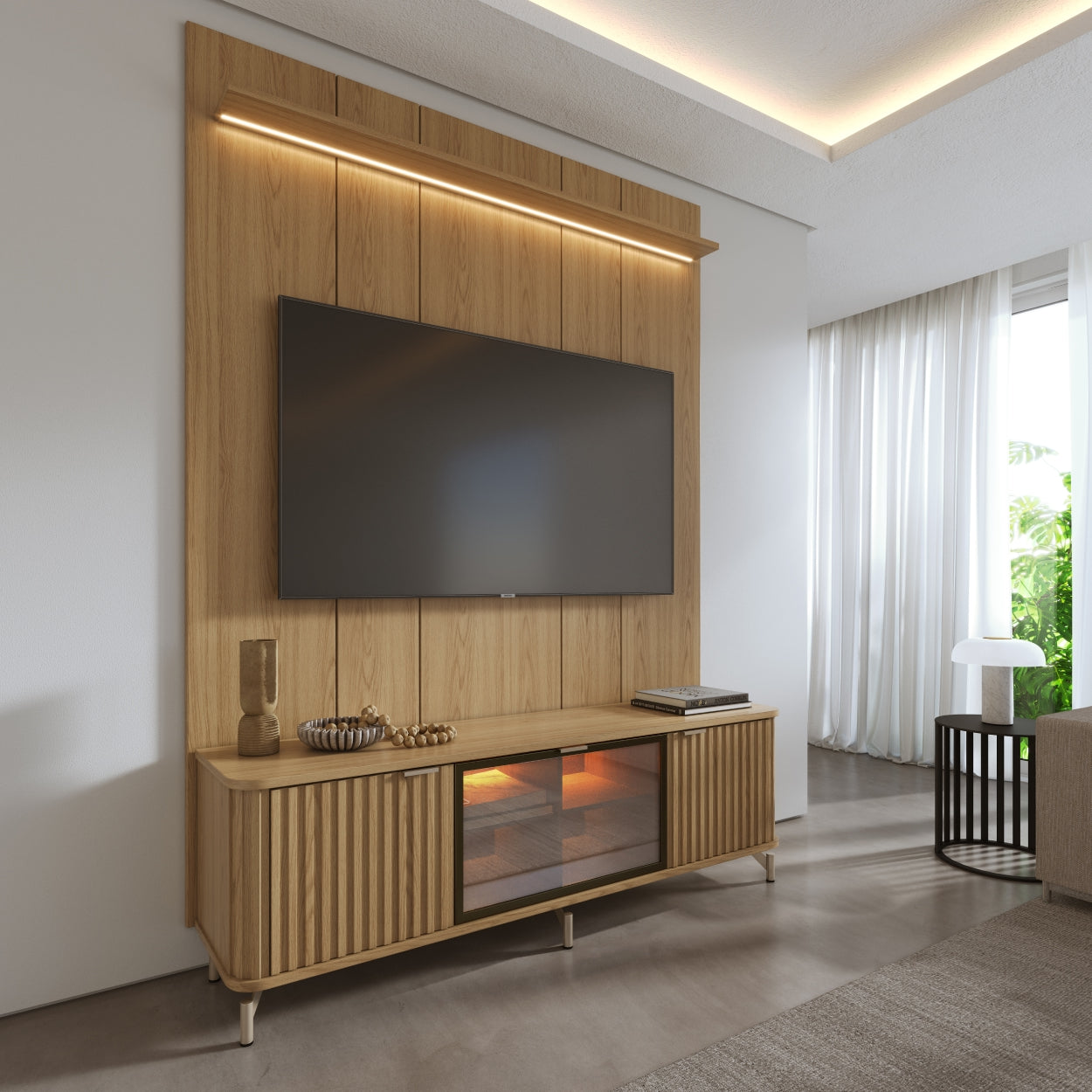 Rack com Painel para TV até 85" 1 Prateleira 1 Porta Vidro Reflecta e LED Neon Float 178cm – Carvalho c/ Champanhe