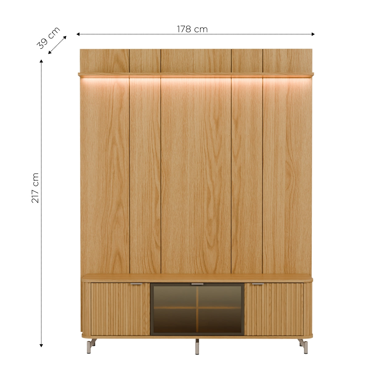 Rack com Painel para TV até 85" 1 Prateleira 1 Porta Vidro Reflecta e LED Neon Float 178cm – Carvalho c/ Champanhe
