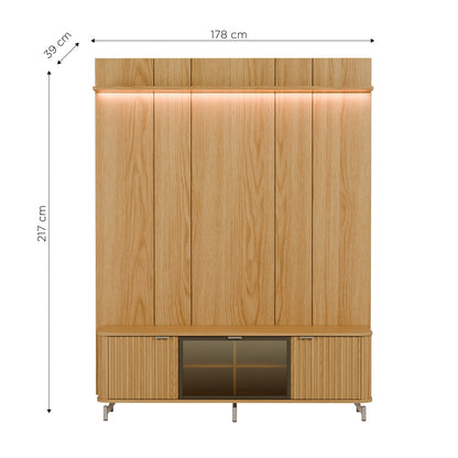 Rack com Painel para TV até 85" 1 Prateleira 1 Porta Vidro Reflecta e LED Neon Float 178cm – Carvalho c/ Champanhe