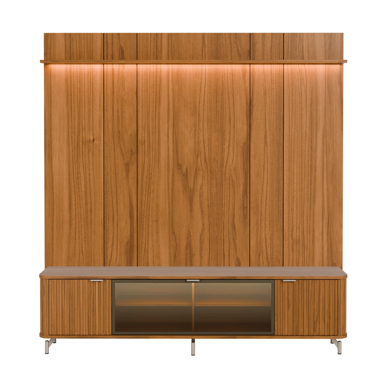 Rack com Painel para TV até 85" 1 Prateleira 1 Porta Vidro Reflecta e LED Neon Float 215cm - Canella c/ Champanhe