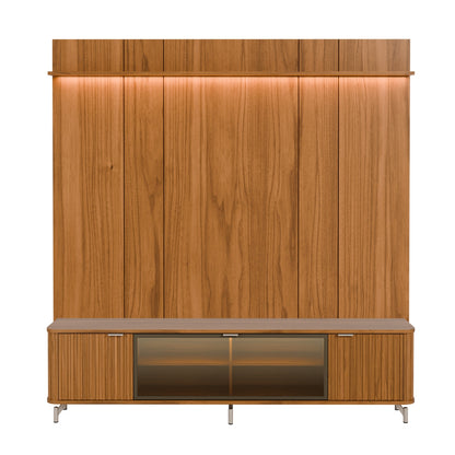 Rack com Painel para TV até 85" 1 Prateleira 1 Porta Vidro Reflecta e LED Neon Float 215cm - Canella c/ Champanhe