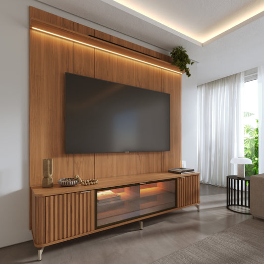Rack com Painel para TV até 85" 1 Prateleira 1 Porta Vidro Reflecta e LED Neon Float 215cm - Canella c/ Champanhe