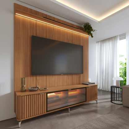 Rack com Painel para TV até 85" 1 Prateleira 1 Porta Vidro Reflecta e LED Neon Float 215cm - Canella c/ Champanhe