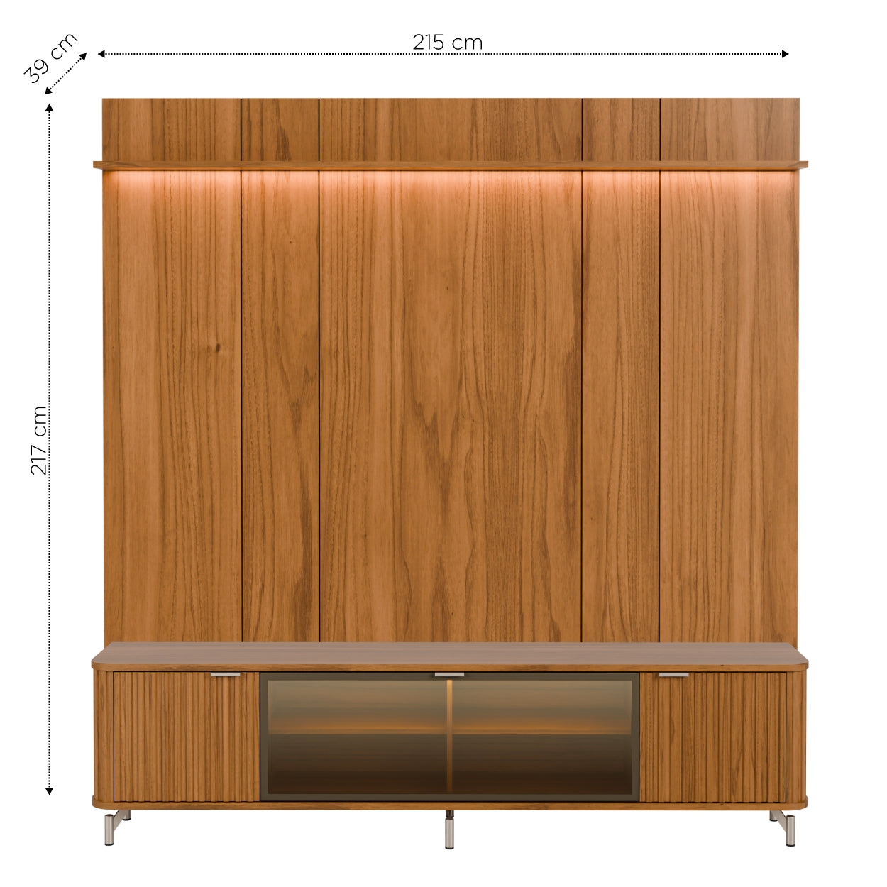 Rack com Painel para TV até 85" 1 Prateleira 1 Porta Vidro Reflecta e LED Neon Float 215cm - Canella c/ Champanhe