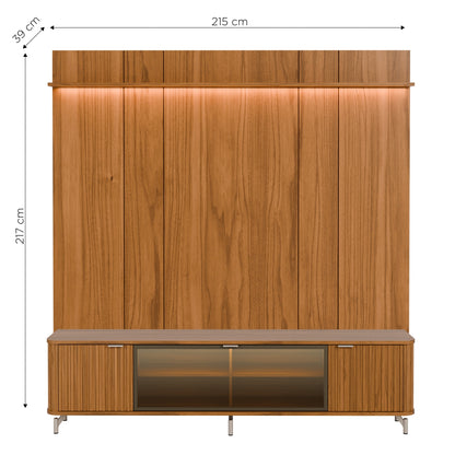 Rack com Painel para TV até 85" 1 Prateleira 1 Porta Vidro Reflecta e LED Neon Float 215cm - Canella c/ Champanhe