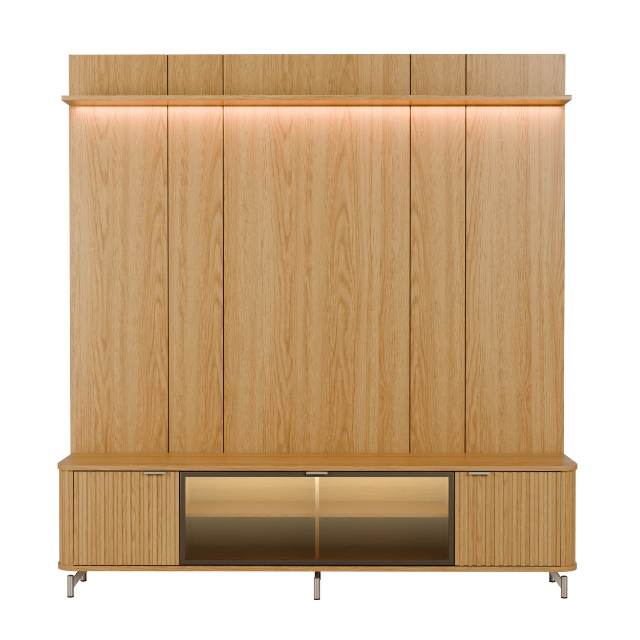 Rack com Painel para TV até 85" 1 Prateleira 1 Porta Vidro Reflecta e LED Neon Float 215cm – Carvalho c/ Champanhe
