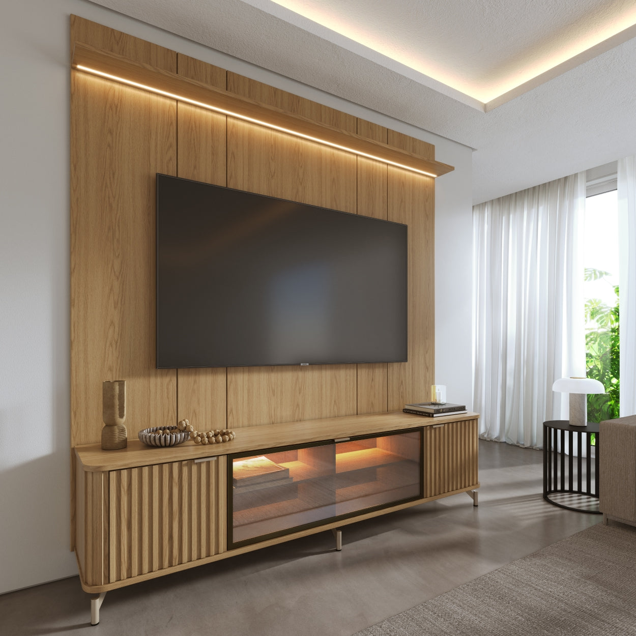 Rack com Painel para TV até 85" 1 Prateleira 1 Porta Vidro Reflecta e LED Neon Float 215cm – Carvalho c/ Champanhe