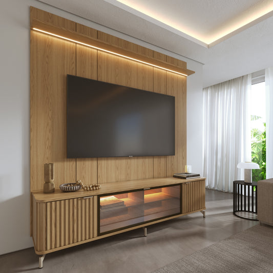 Rack com Painel para TV até 85" 1 Prateleira 1 Porta Vidro Reflecta e LED Neon Float 215cm – Carvalho c/ Champanhe