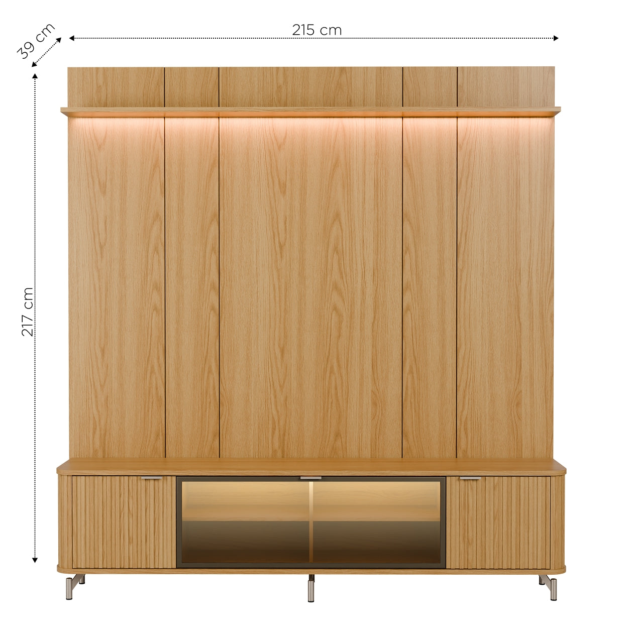 Rack com Painel para TV até 85" 1 Prateleira 1 Porta Vidro Reflecta e LED Neon Float 215cm – Carvalho c/ Champanhe