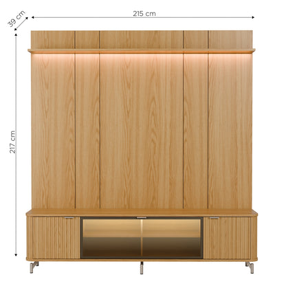 Rack com Painel para TV até 85" 1 Prateleira 1 Porta Vidro Reflecta e LED Neon Float 215cm – Carvalho c/ Champanhe