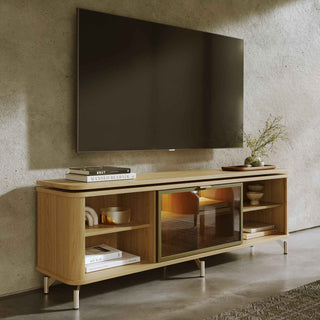 Rack para TV Até 85” 1 Porta com Vidro Reflecta e LED Lincoln Float 169 cm - Carvalho c/ Champanhe