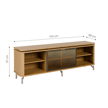 Rack para TV Até 85” 1 Porta com Vidro Reflecta e LED Lincoln Float 169 cm - Carvalho c/ Champanhe