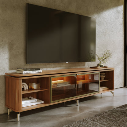 Rack para TV Até 85” 1 Porta com Vidro Reflecta e LED Lincoln Float 212 cm - Canella c/ Champanhe