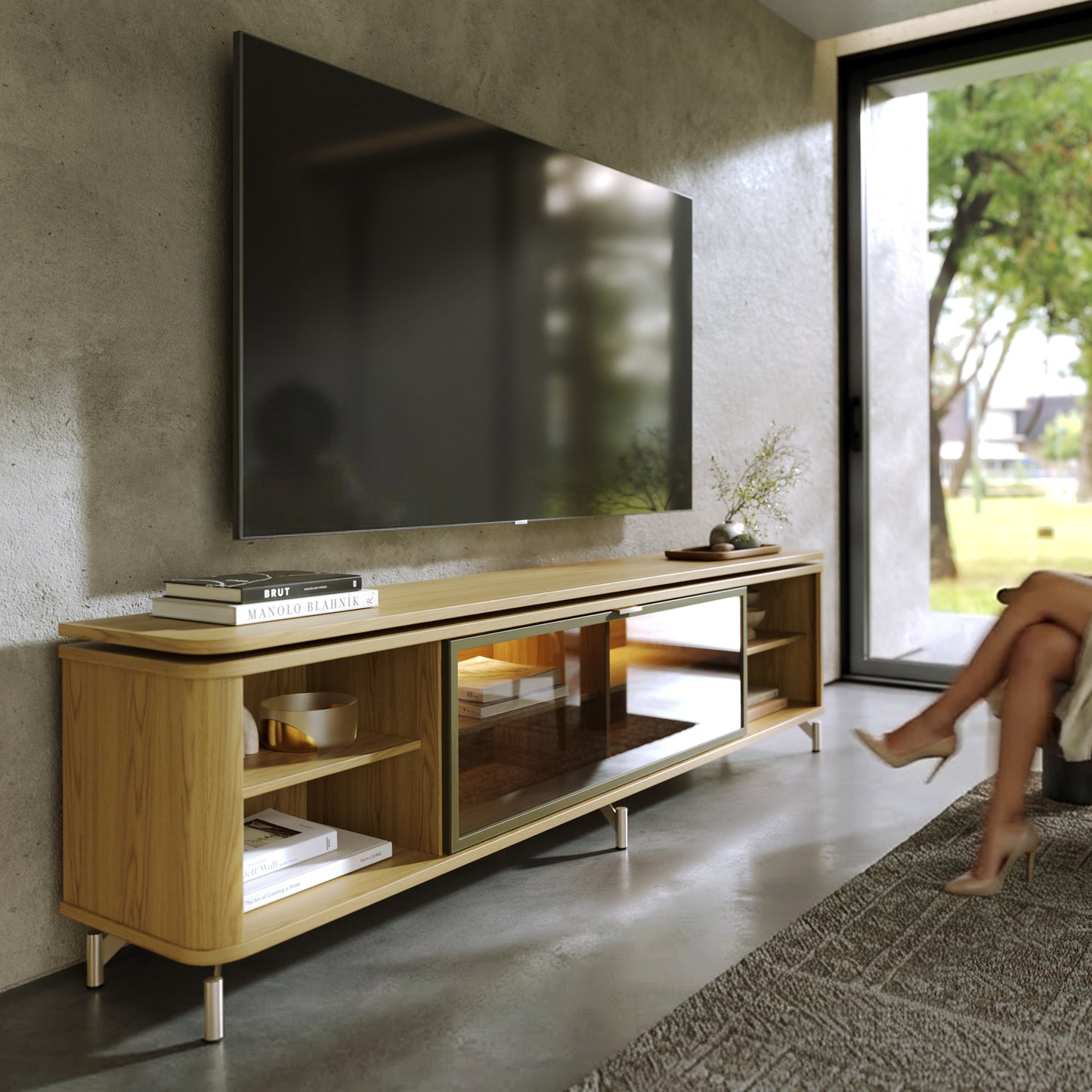 Rack para TV Até 85” 1 Porta com Vidro Reflecta e LED Lincoln Float 212 cm - Carvalho c/ Champanhe
