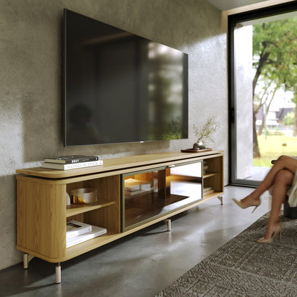 Rack para TV Até 85” 1 Porta com Vidro Reflecta e LED Lincoln Float 212 cm - Carvalho c/ Champanhe
