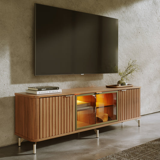 Rack para TV Até 85” 3 Portas com Vidro Reflecta e LED Neon Float 169 cm - Canella c/ Champanhe