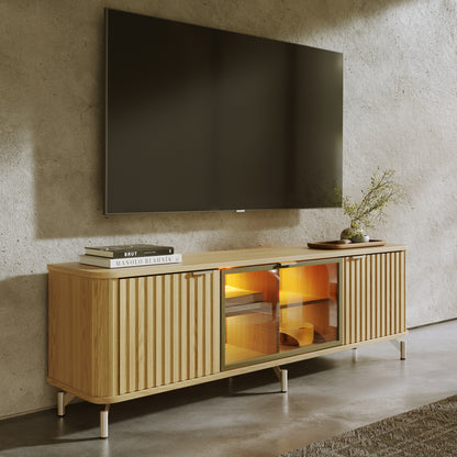 Rack para TV Até 85” 3 Portas com Vidro Reflecta e LED Neon Float 169 cm - Carvalho c/ Champanhe