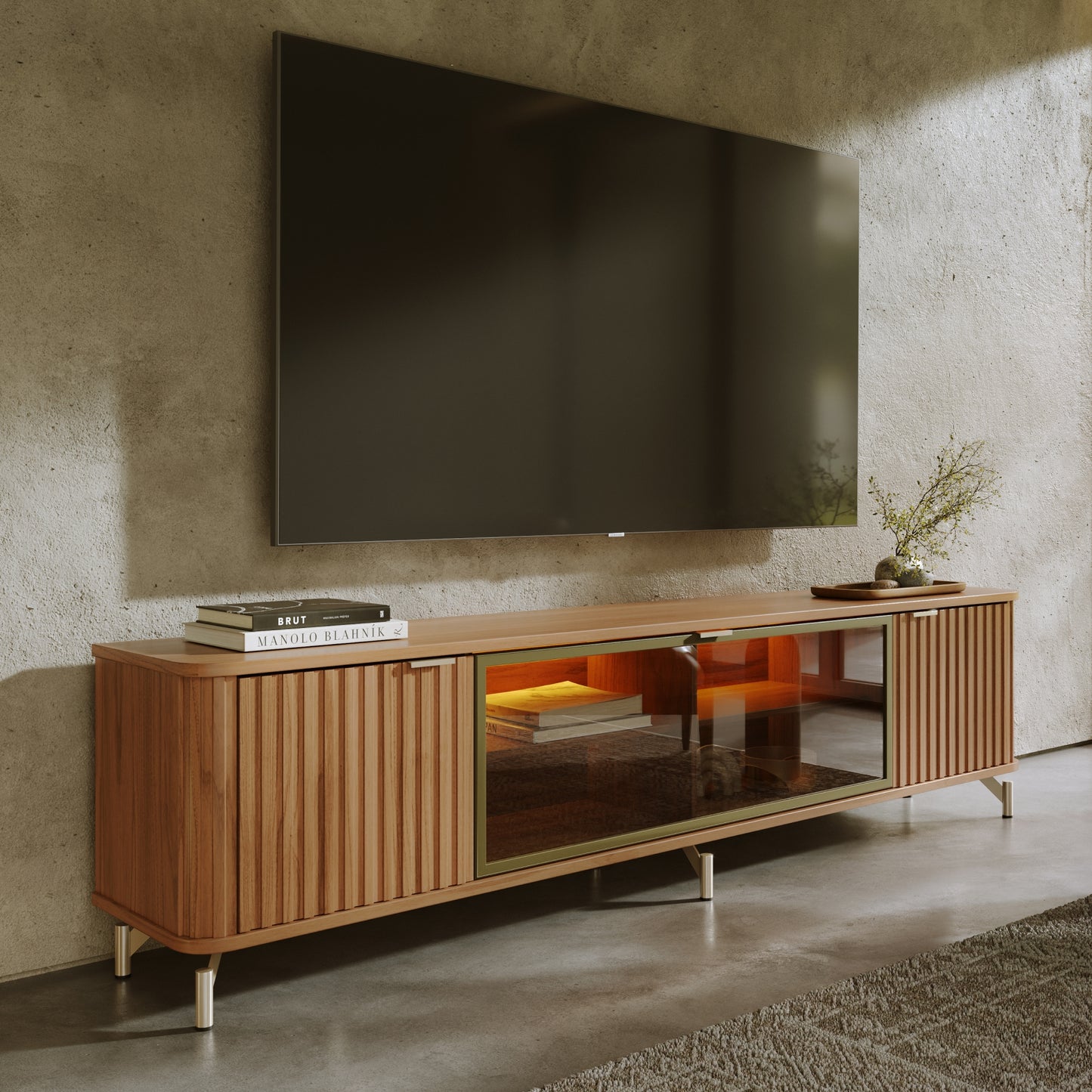 Rack para TV Até 85” 3 Portas com Vidro Reflecta e LED Neon Float 212 cm - Canella c/ Champanhe