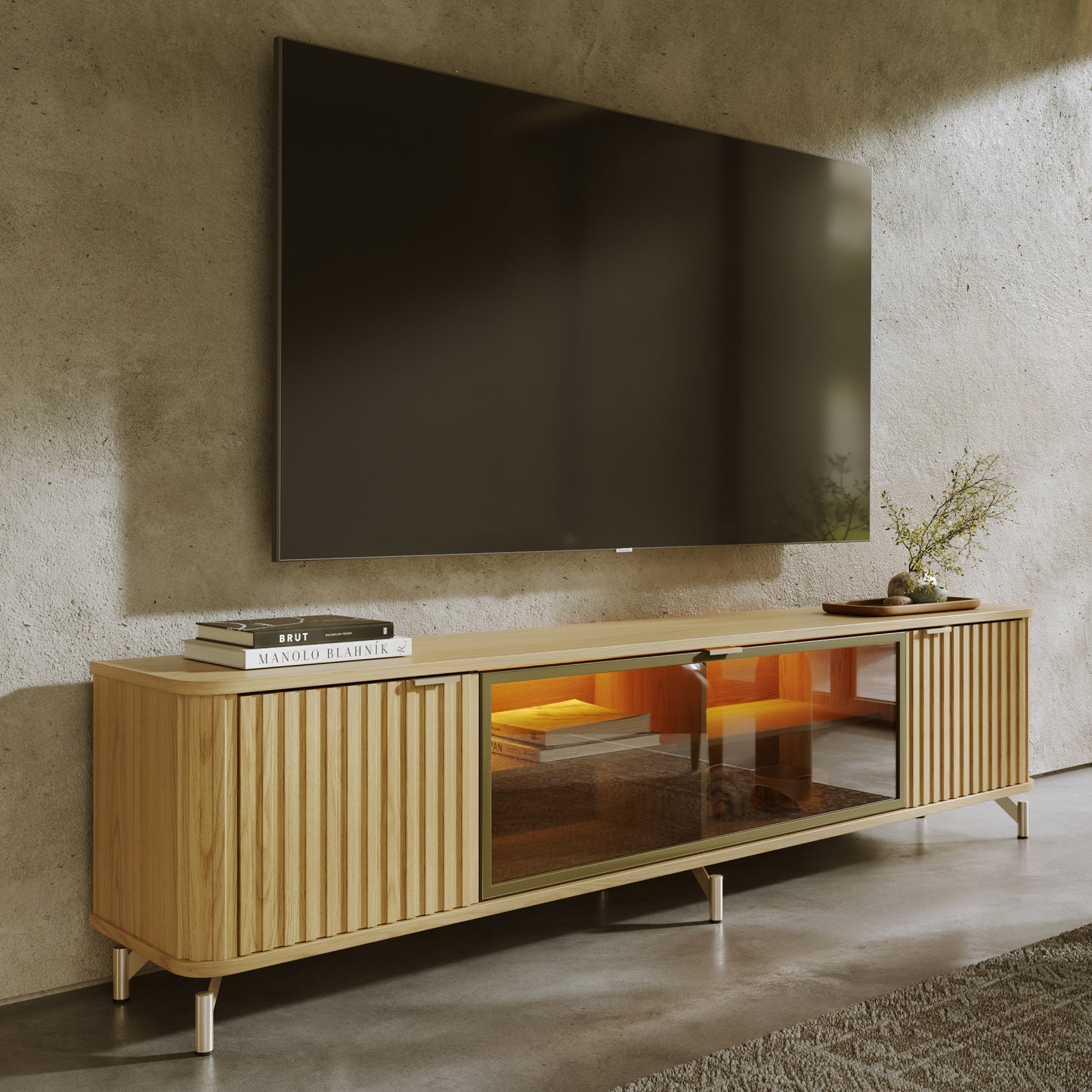Rack para TV Até 85” 3 Portas com Vidro Reflecta e LED Neon Float 212 cm - Carvalho c/ Champanhe