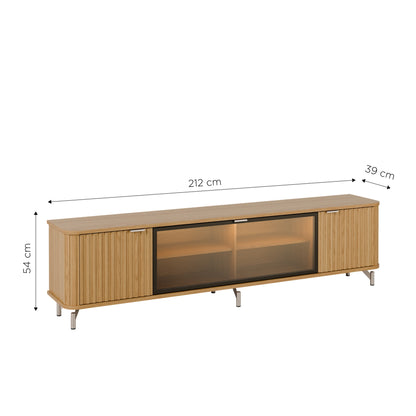 Rack para TV Até 85” 3 Portas com Vidro Reflecta e LED Neon Float 212 cm - Carvalho c/ Champanhe