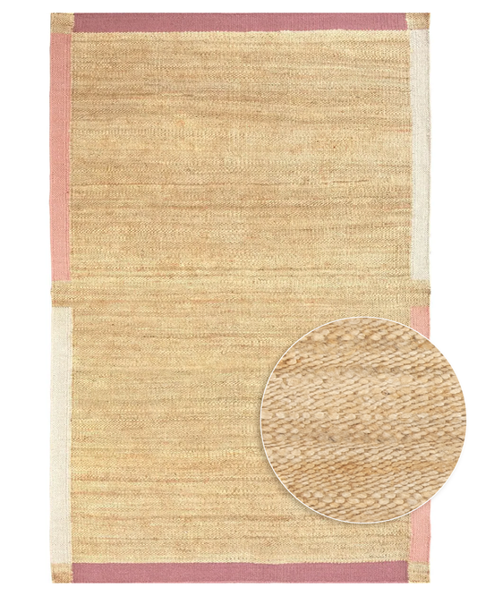 Tapete Artesanal Indiano para Sala e Quarto Raj 260 x 360 cm - Juta Natural c/ Rosa