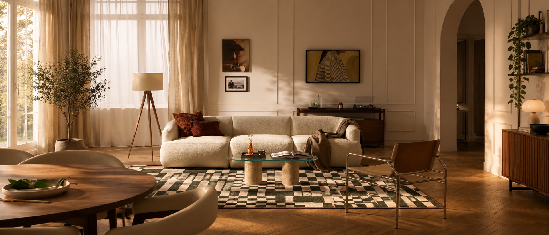 Sala com sofá claro, madeira e luz natural entre cortinas de linho