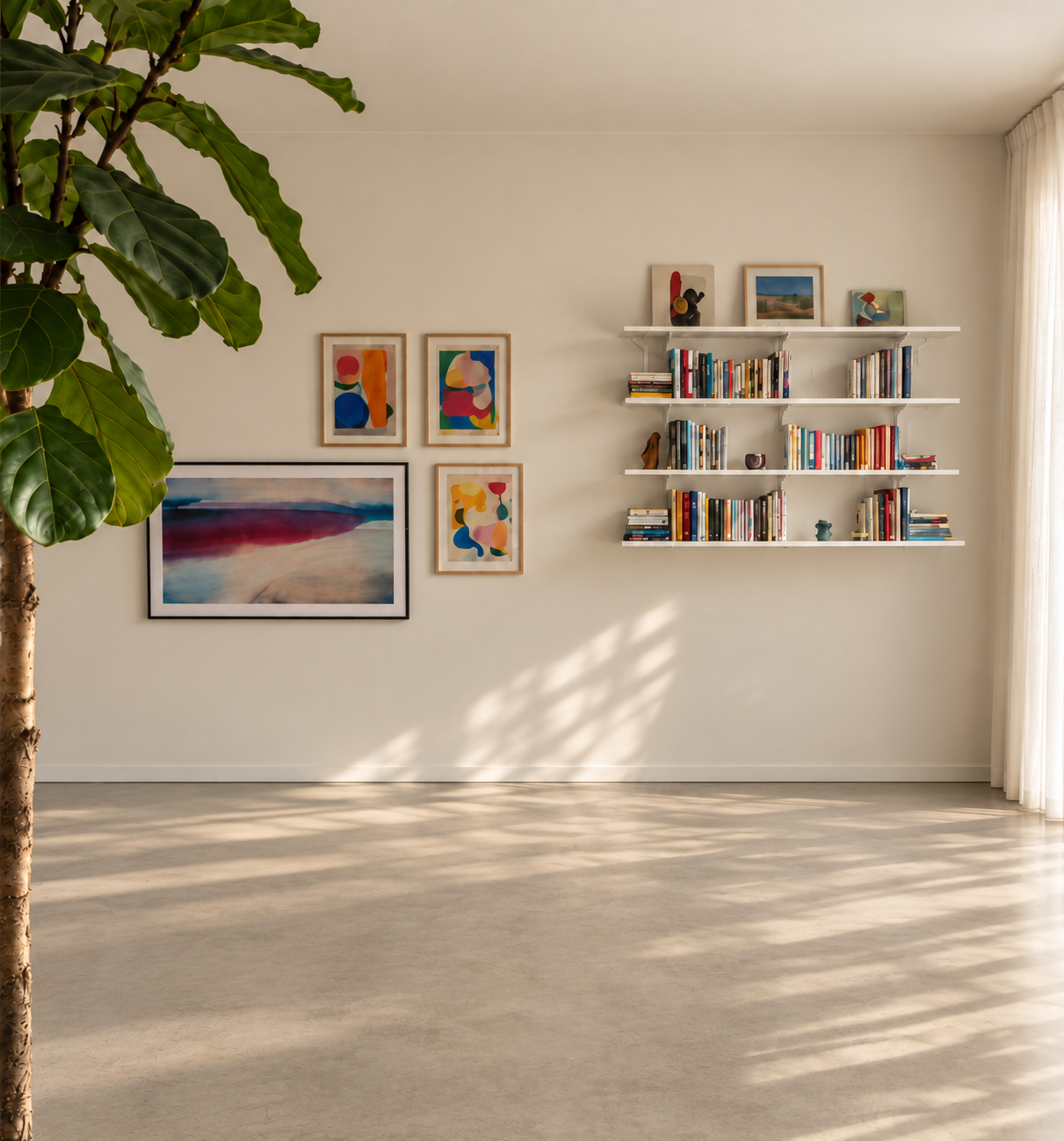 Ambiente antes da composição, com quadros, prateleiras e luz natural
